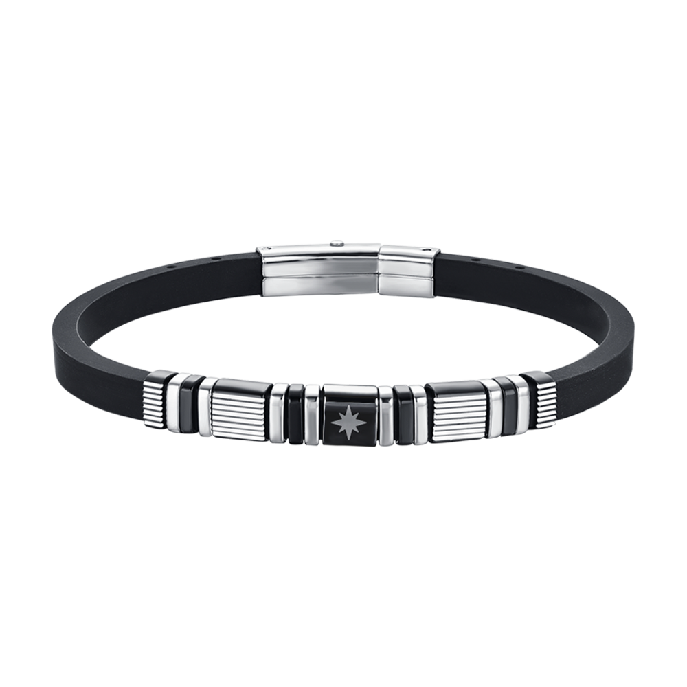 PULSERA DE HOMBRE DE SILICONA NEGRA CON ACERO Y ELEMENTOS IP NEGROS Y ROSA DE LOS VIENTOS
