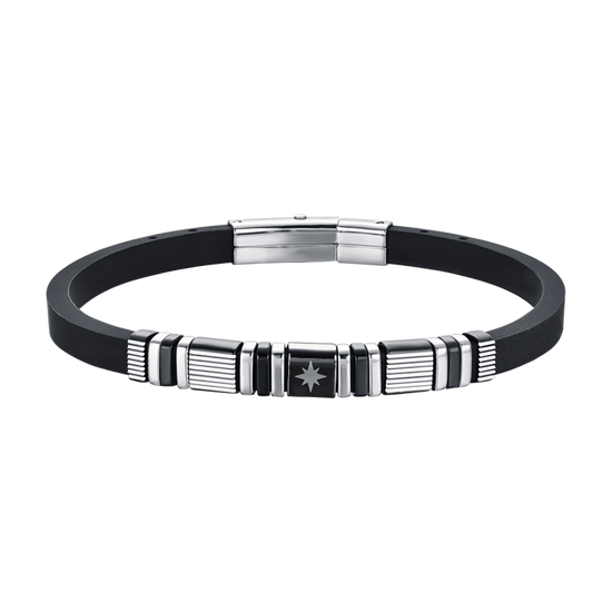 PULSERA DE HOMBRE DE SILICONA NEGRA CON ACERO Y ELEMENTOS IP NEGROS Y ROSA DE LOS VIENTOS