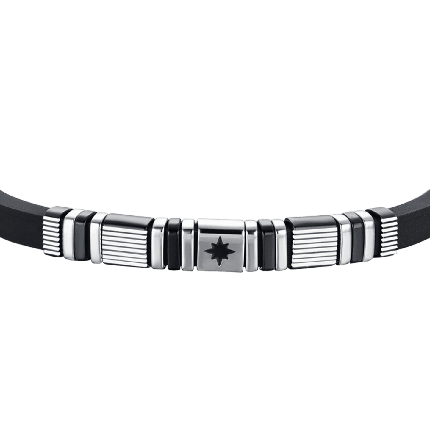 PULSERA DE HOMBRE DE SILICONA NEGRA CON ACERO Y ELEMENTOS IP NEGROS Y ROSA DE LOS VIENTOS