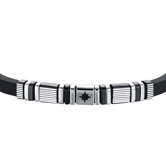 PULSERA DE HOMBRE DE SILICONA NEGRA CON ACERO Y ELEMENTOS IP NEGROS Y ROSA DE LOS VIENTOS