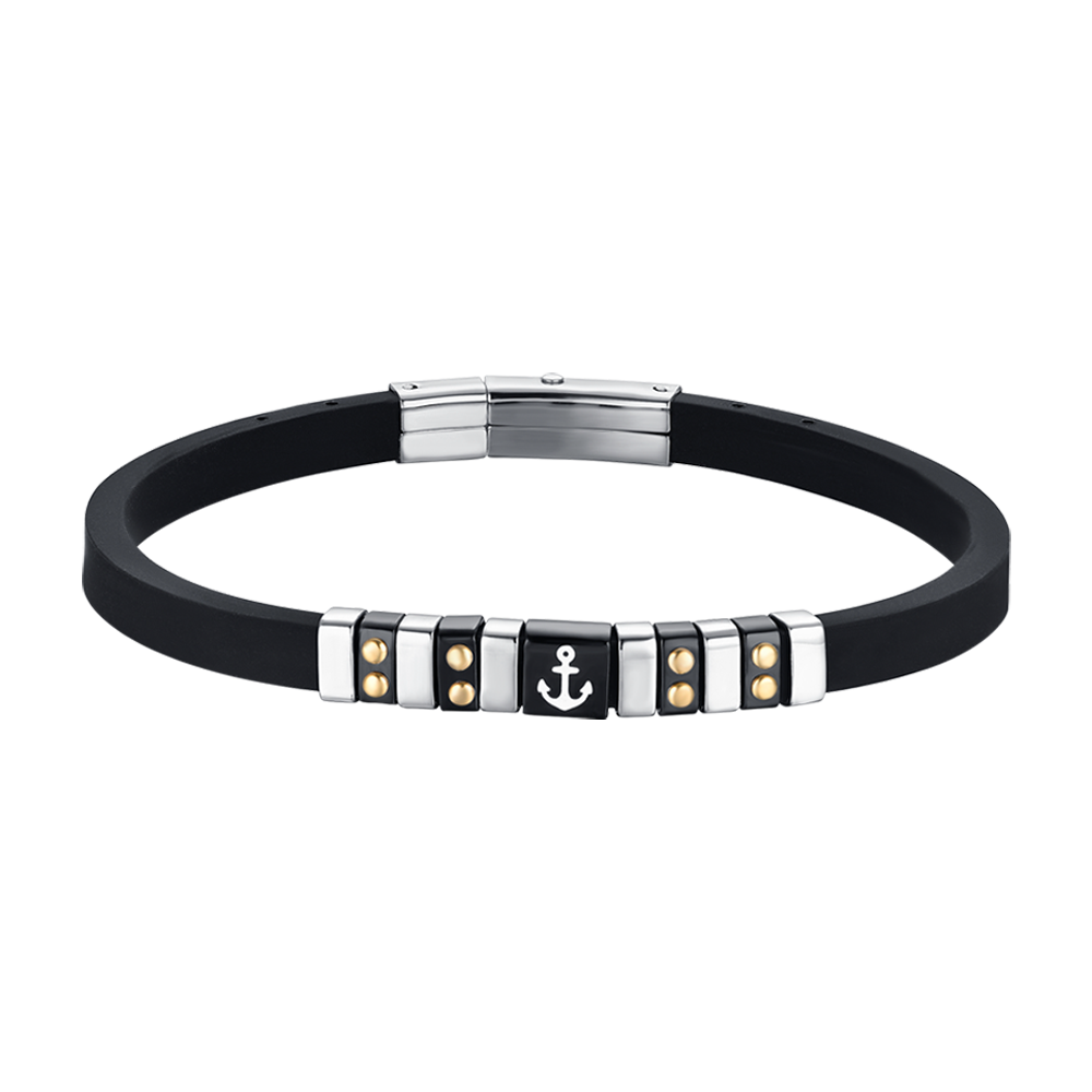PULSERA DE HOMBRE DE SILICONA NEGRA CON ELEMENTOS DE ACERO, IP NEGRA Y DORADA CON ANCLA