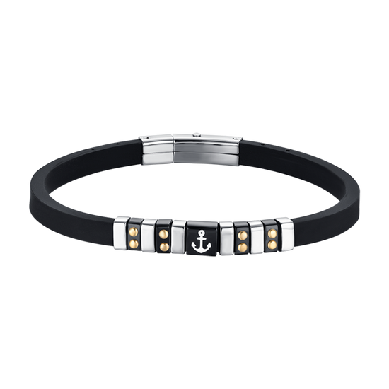 PULSERA DE HOMBRE DE SILICONA NEGRA CON ELEMENTOS DE ACERO, IP NEGRA Y DORADA CON ANCLA