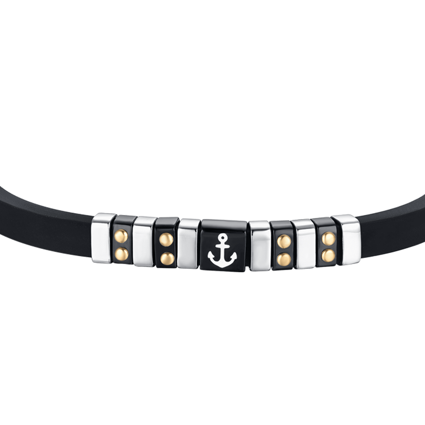 PULSERA DE HOMBRE DE SILICONA NEGRA CON ELEMENTOS DE ACERO, IP NEGRA Y DORADA CON ANCLA