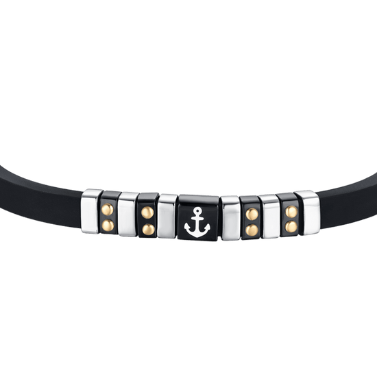 PULSERA DE HOMBRE DE SILICONA NEGRA CON ELEMENTOS DE ACERO, IP NEGRA Y DORADA CON ANCLA