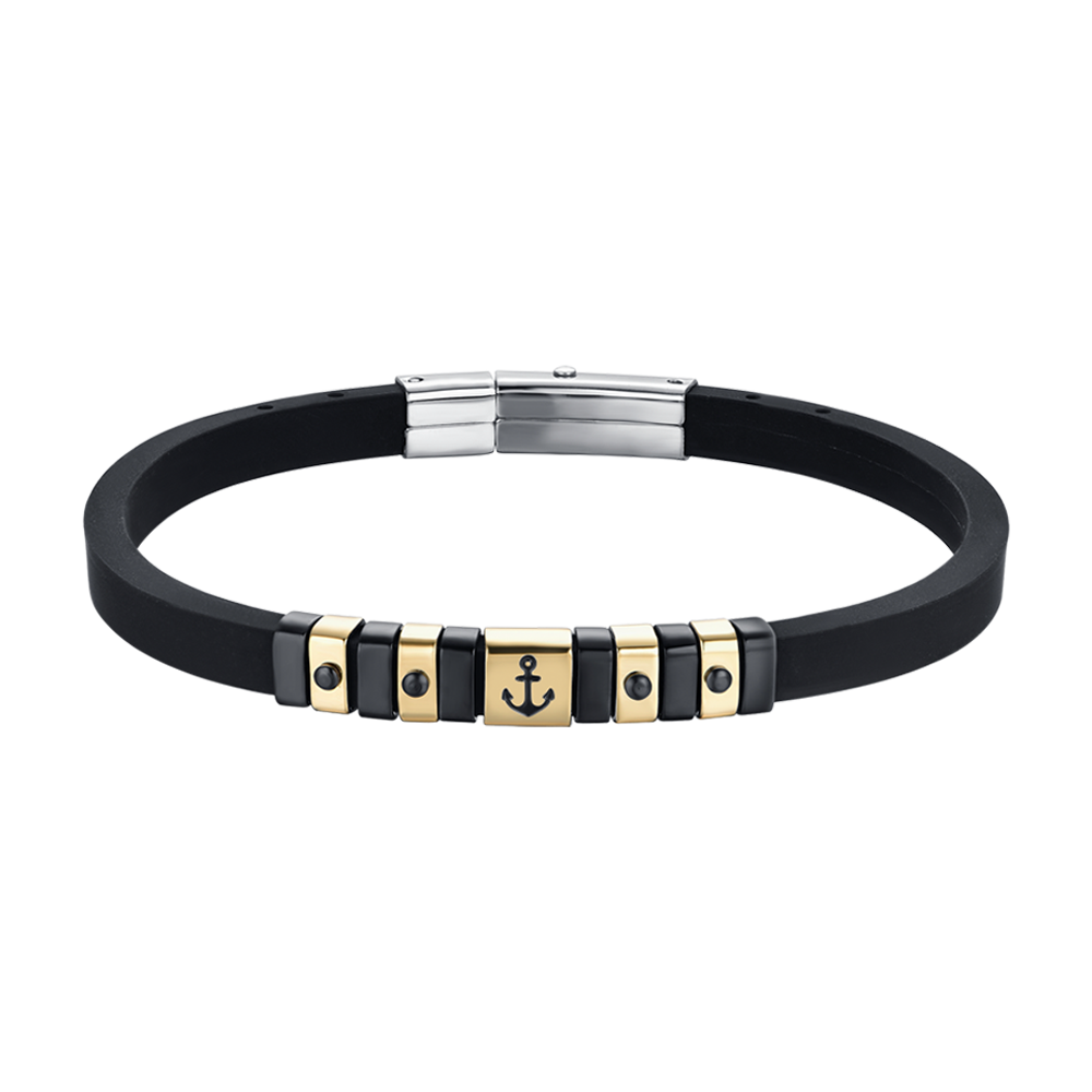 PULSERA DE HOMBRE DE SILICONA NEGRA CON ELEMENTOS IP DE ORO Y ACERO NEGRO CON ANCLA