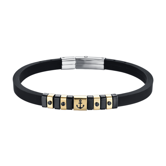 PULSERA DE HOMBRE DE SILICONA NEGRA CON ELEMENTOS IP DE ORO Y ACERO NEGRO CON ANCLA