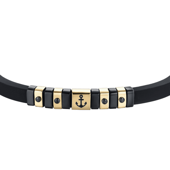Carica immagine nella Galleria BRACCIALE UOMO SILICONE NERO CON ELEMENTI IN ACCIAIO IP GOLD E NERO CON ANCORA
