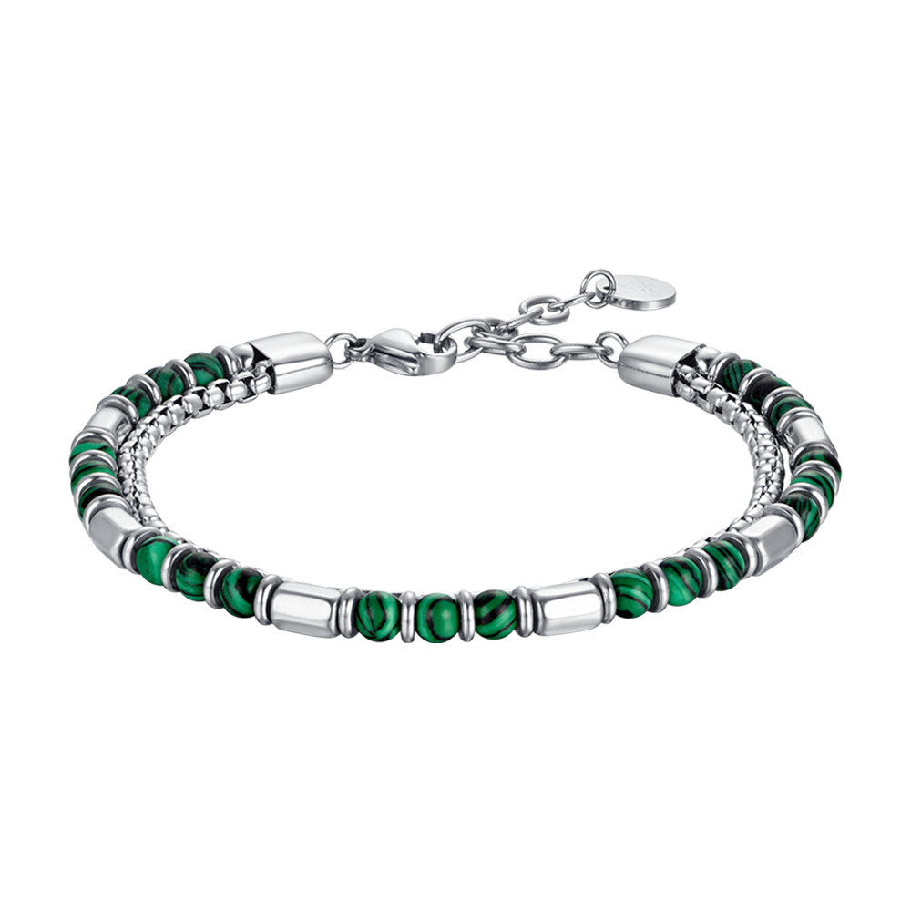 PULSERA DE ACERO PARA HOMBRE CON PIEDRAS VERDES Y ELEMENTOS DE ACERO