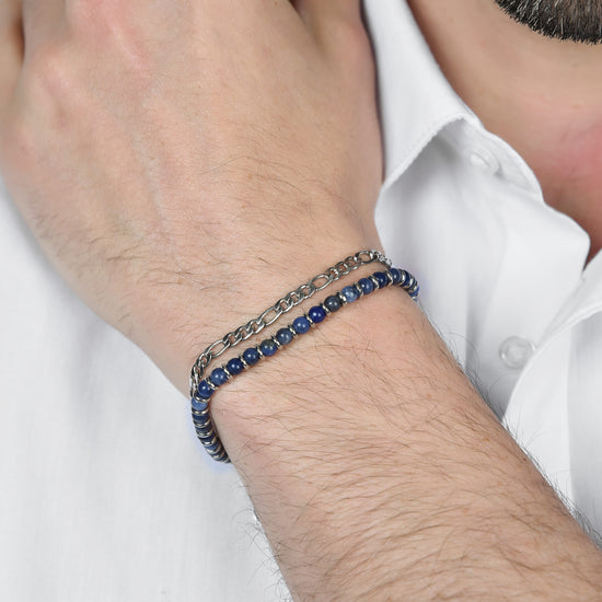 PULSERA DE ACERO PARA HOMBRE CON PIEDRAS AZULES Y ELEMENTOS DE ACERO