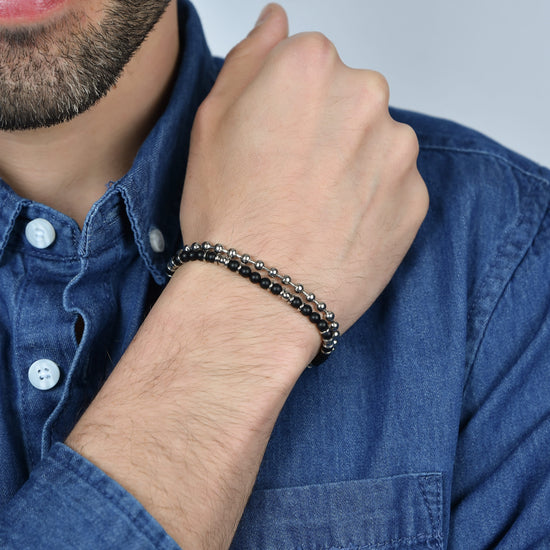 BRAZALETE DE ACERO PARA HOMBRE CON ÁGATA NEGRA Y ELEMENTOS DE ACERO