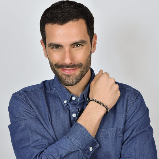 BRAZALETE DE ACERO PARA HOMBRE CON ÁGATA NEGRA Y ELEMENTOS DE ACERO