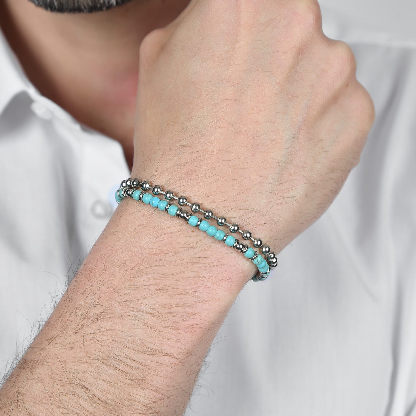 PULSERA DE ACERO PARA HOMBRE CON PIEDRAS DE TURQUESA Y ELEMENTOS DE ACERO
