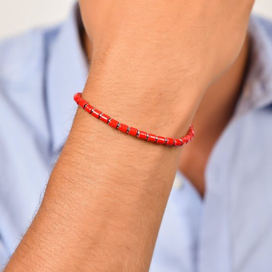 PULSERA DE ACERO PARA HOMBRE CON PIEDRAS ROJAS