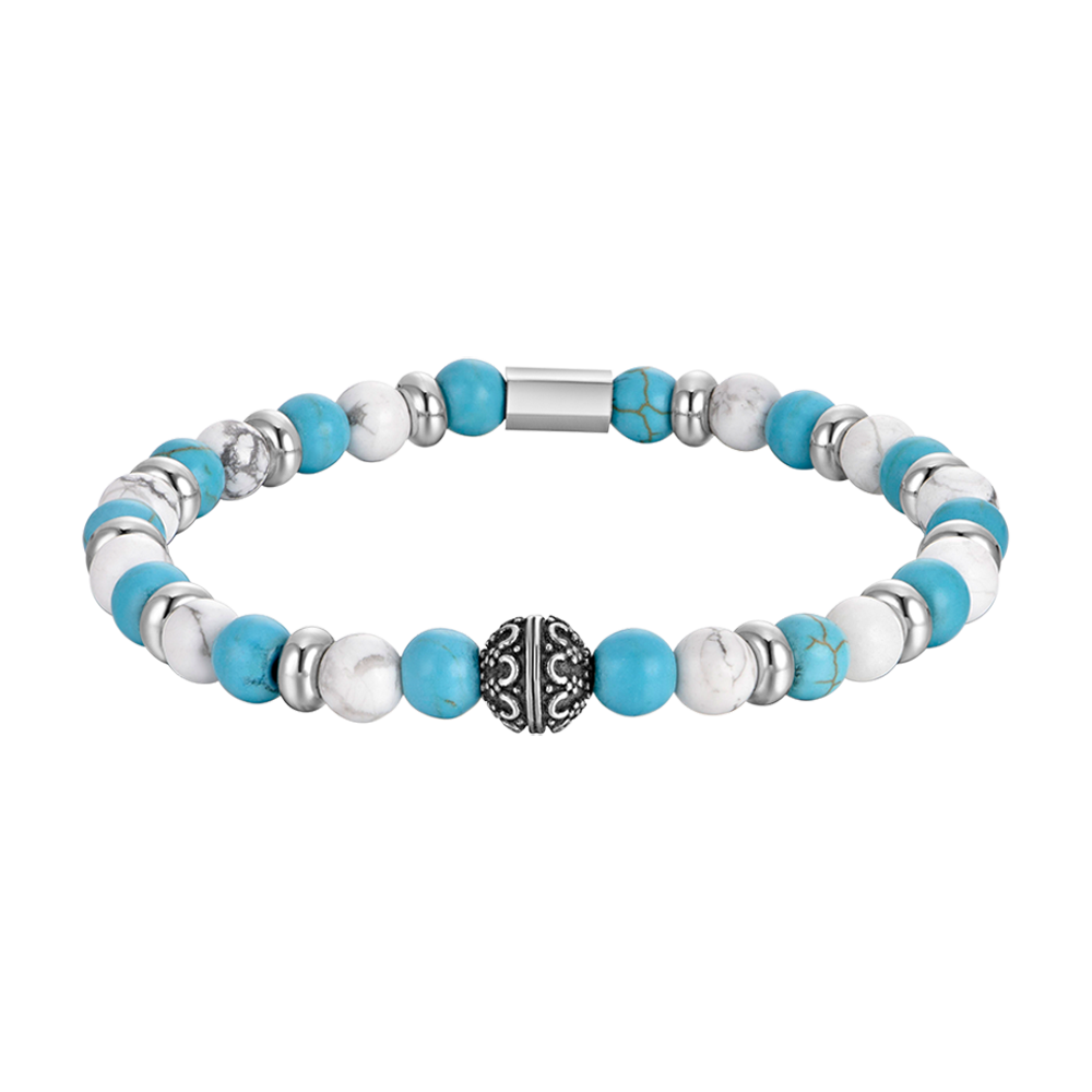 PULSERA ELÁSTICA DE CABALLERO CON PIEDRAS AZULES Y BLANCAS Y ELEMENTOS DE ACERO