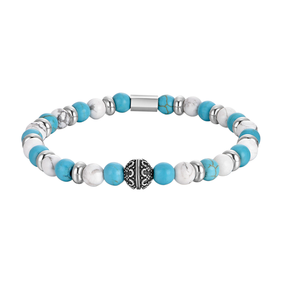 PULSERA ELÁSTICA DE CABALLERO CON PIEDRAS AZULES Y BLANCAS Y ELEMENTOS DE ACERO