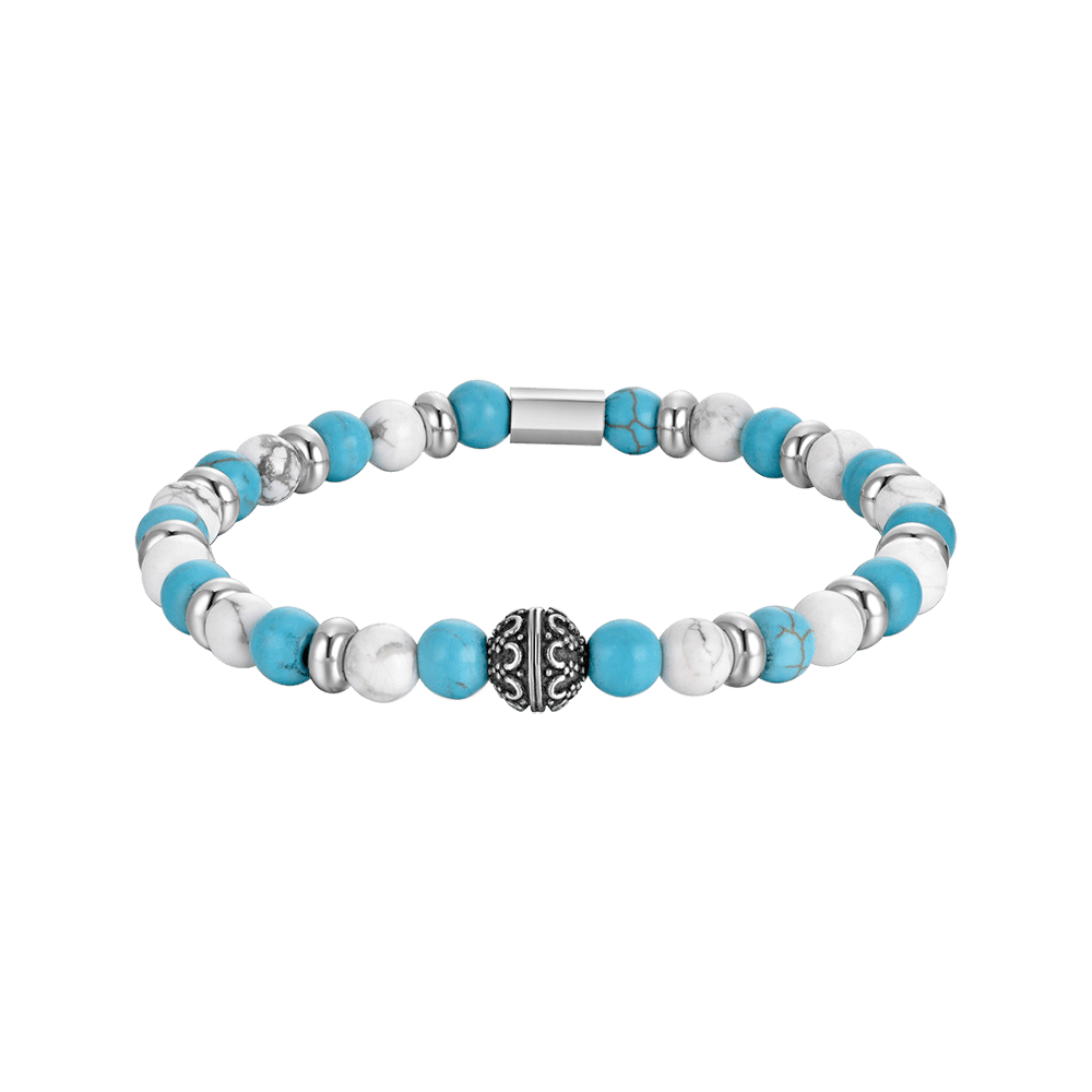 PULSERA ELÁSTICA PARA HOMBRE CON PIEDRAS AZULES Y BLANCAS Y ELEMENTOS DE ACERO Luca Barra