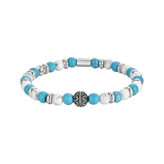 PULSERA ELÁSTICA DE CABALLERO CON PIEDRAS AZULES Y BLANCAS Y ELEMENTOS DE ACERO
