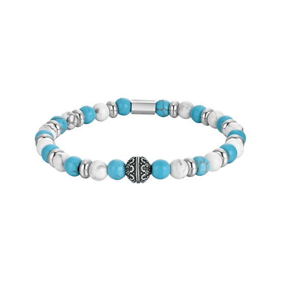 PULSERA ELÁSTICA PARA HOMBRE CON PIEDRAS AZULES Y BLANCAS Y ELEMENTOS DE ACERO Luca Barra