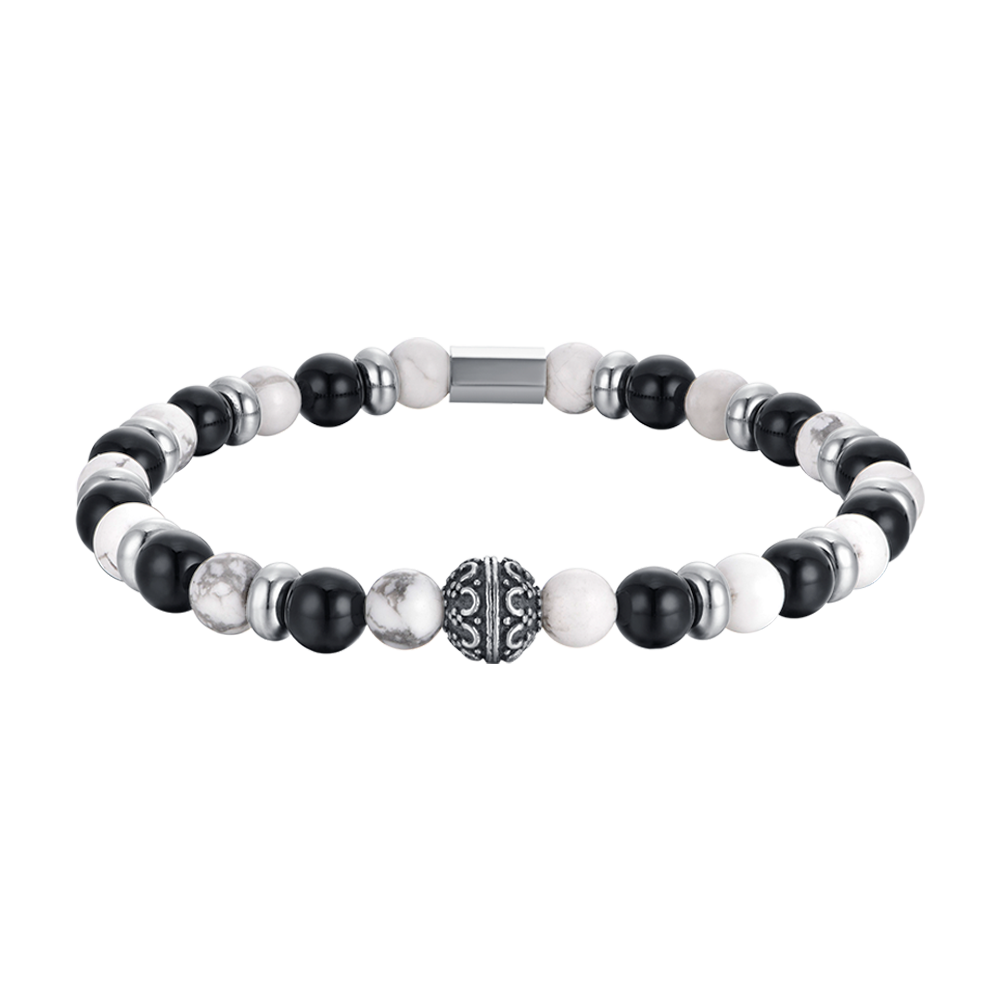 PULSERA ELÁSTICA DE CABALLERO CON PIEDRAS BLANCAS Y NEGRAS Y ELEMENTOS DE ACERO