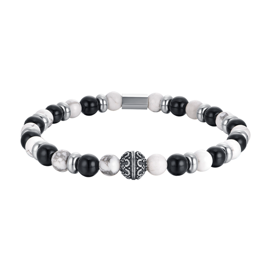 PULSERA ELÁSTICA DE CABALLERO CON PIEDRAS BLANCAS Y NEGRAS Y ELEMENTOS DE ACERO