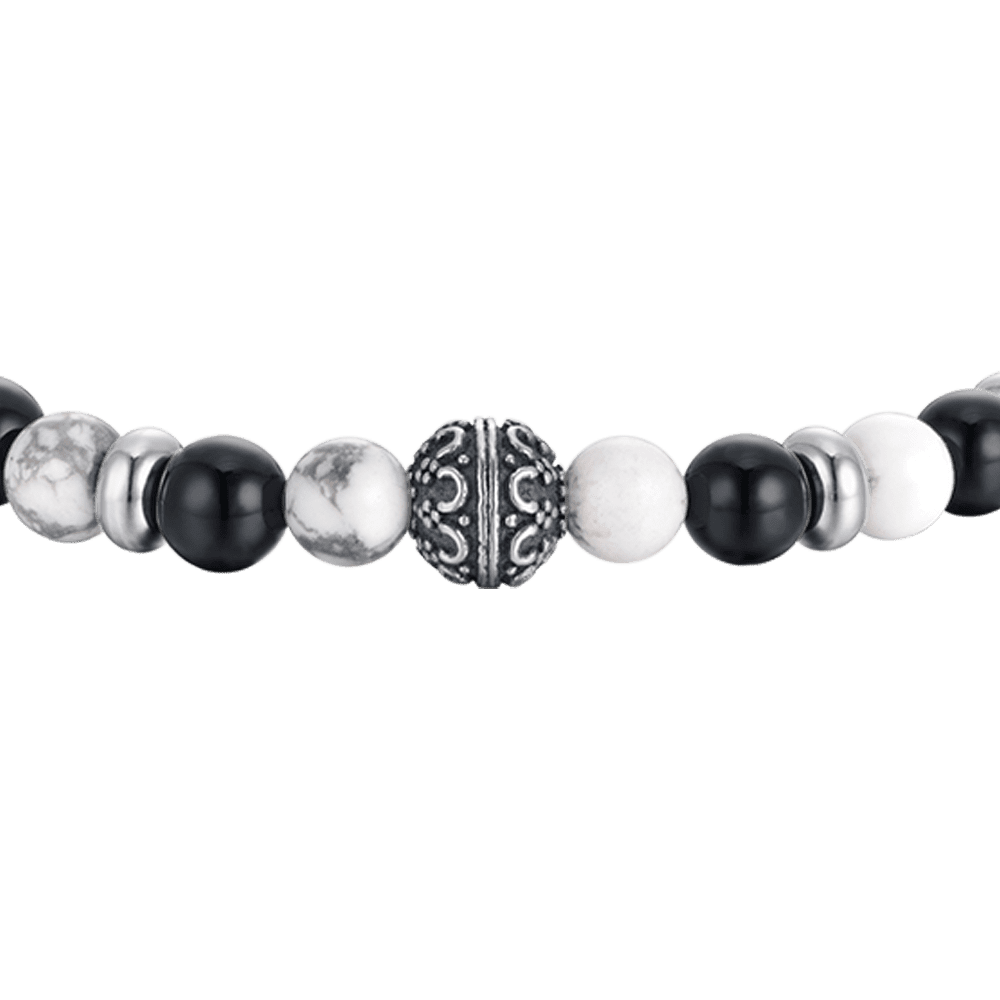 PULSERA ELÁSTICA DE CABALLERO CON PIEDRAS BLANCAS Y NEGRAS Y ELEMENTOS DE ACERO