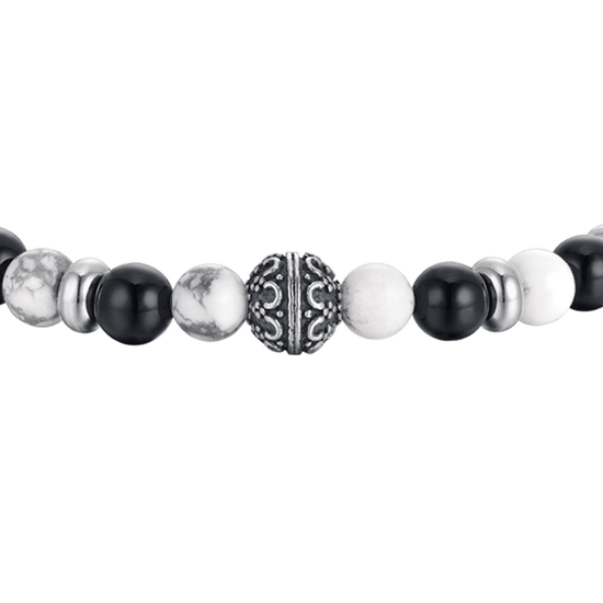 PULSERA ELÁSTICA DE CABALLERO CON PIEDRAS BLANCAS Y NEGRAS Y ELEMENTOS DE ACERO