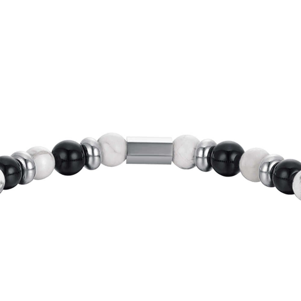 PULSERA ELÁSTICA DE CABALLERO CON PIEDRAS BLANCAS Y NEGRAS Y ELEMENTOS DE ACERO