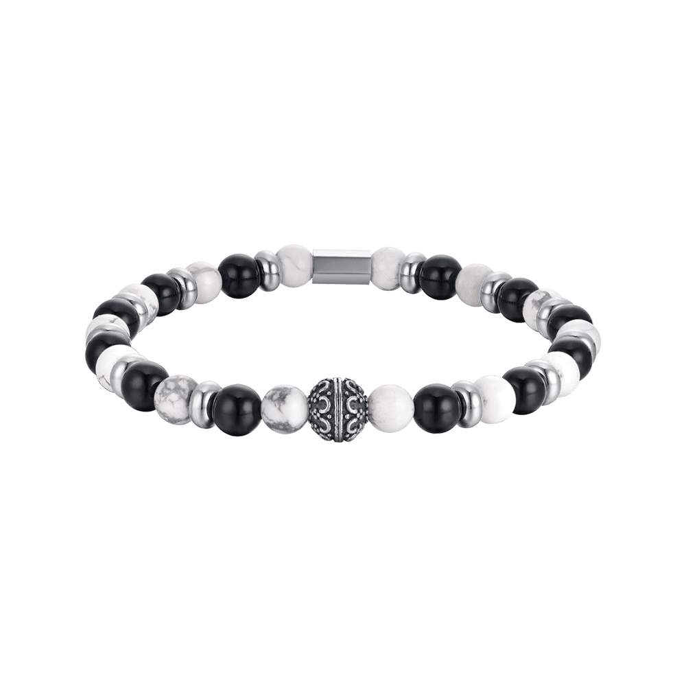 PULSERA ELÁSTICA DE CABALLERO CON PIEDRAS BLANCAS Y NEGRAS Y ELEMENTOS DE ACERO