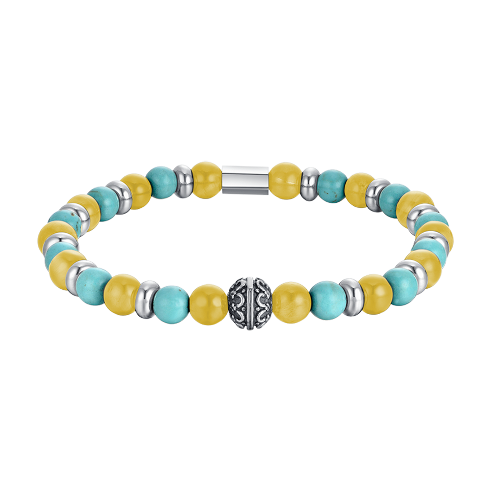 PULSERA ELÁSTICA DE HOMBRE CON PIEDRAS TURQUESAS Y AMARILLAS Y ELEMENTOS DE ACERO