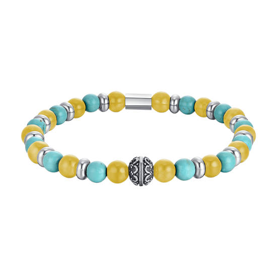 PULSERA ELÁSTICA DE HOMBRE CON PIEDRAS TURQUESAS Y AMARILLAS Y ELEMENTOS DE ACERO