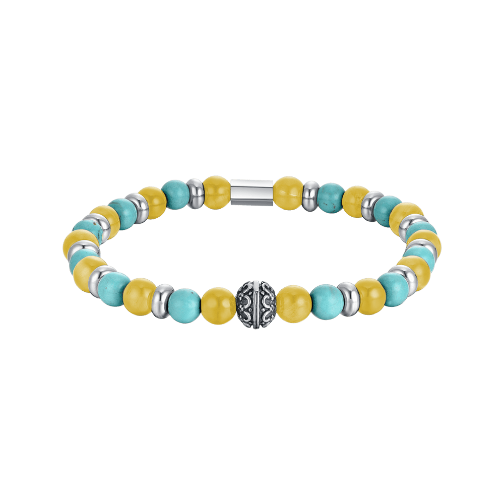 PULSERA ELÁSTICA DE HOMBRE CON PIEDRAS TURQUESAS Y AMARILLAS Y ELEMENTOS DE ACERO