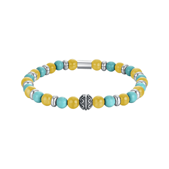 PULSERA ELÁSTICA DE HOMBRE CON PIEDRAS TURQUESAS Y AMARILLAS Y ELEMENTOS DE ACERO