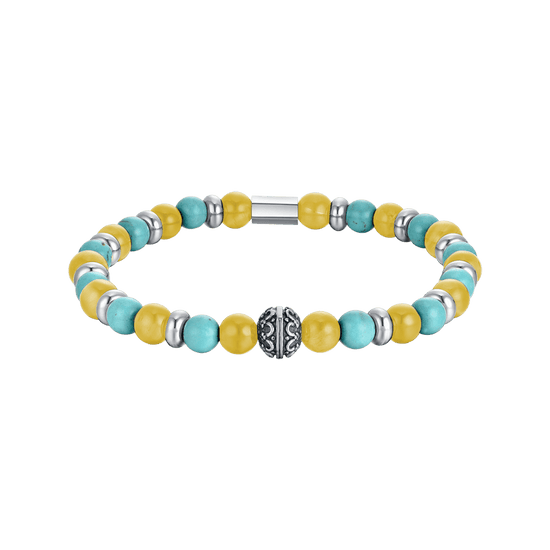 PULSERA ELÁSTICA DE HOMBRE CON PIEDRAS TURQUESAS Y AMARILLAS Y ELEMENTOS DE ACERO