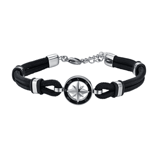 PULSERA DE CABALLERO DE CUERDA NEGRA CON ROSA DE LOS VIENTOS DE ESMALTE NEGRO