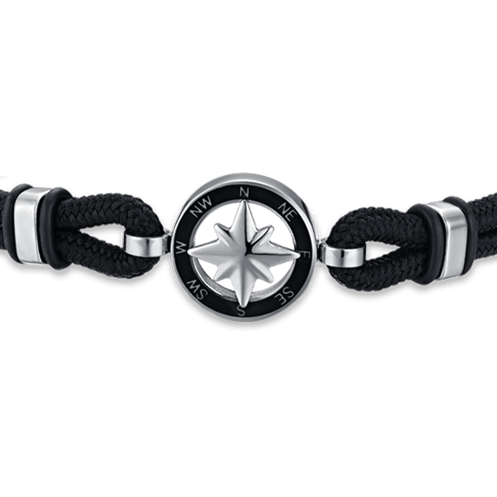 PULSERA DE CABALLERO DE CUERDA NEGRA CON ROSA DE LOS VIENTOS DE ESMALTE NEGRO