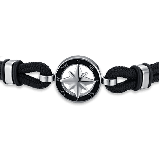 PULSERA DE CABALLERO DE CUERDA NEGRA CON ROSA DE LOS VIENTOS DE ESMALTE NEGRO