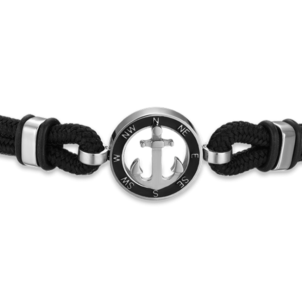 PULSERA DE CABALLERO DE CUERDA NEGRA CON ANCLA ESMALTADA NEGRA