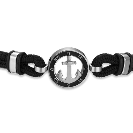 PULSERA DE CABALLERO DE CUERDA NEGRA CON ANCLA ESMALTADA NEGRA