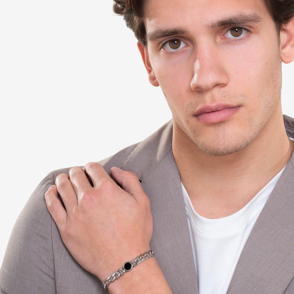 BRAZALETE DE ACERO PARA HOMBRE CON ÁGATA NEGRA