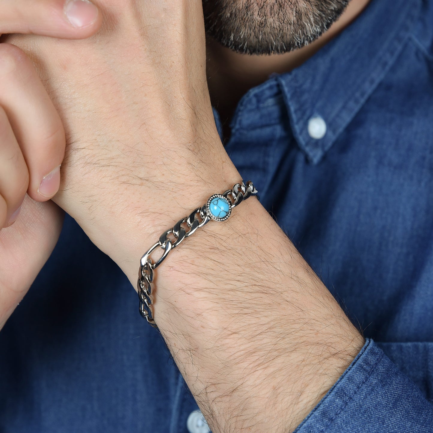 PULSERA DE ACERO PARA HOMBRE CON PIEDRA TURQUESA