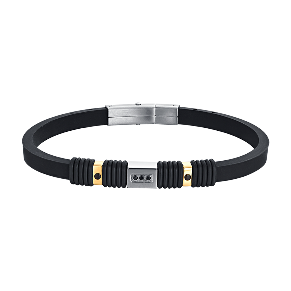 PULSERA DE SILICONA NEGRA PARA HOMBRE CON ELEMENTOS DE ACERO IP NEGRO E IP ORO