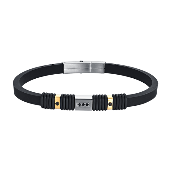 PULSERA DE SILICONA NEGRA PARA HOMBRE CON ELEMENTOS DE ACERO IP NEGRO E IP ORO