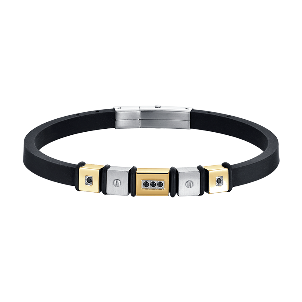 PULSERA DE HOMBRE DE SILICONA NEGRA CON ELEMENTOS DE ACERO IP DORADO
