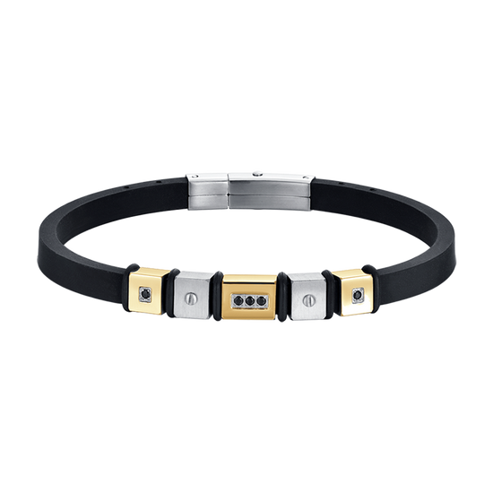 PULSERA DE HOMBRE DE SILICONA NEGRA CON ELEMENTOS DE ACERO IP DORADO