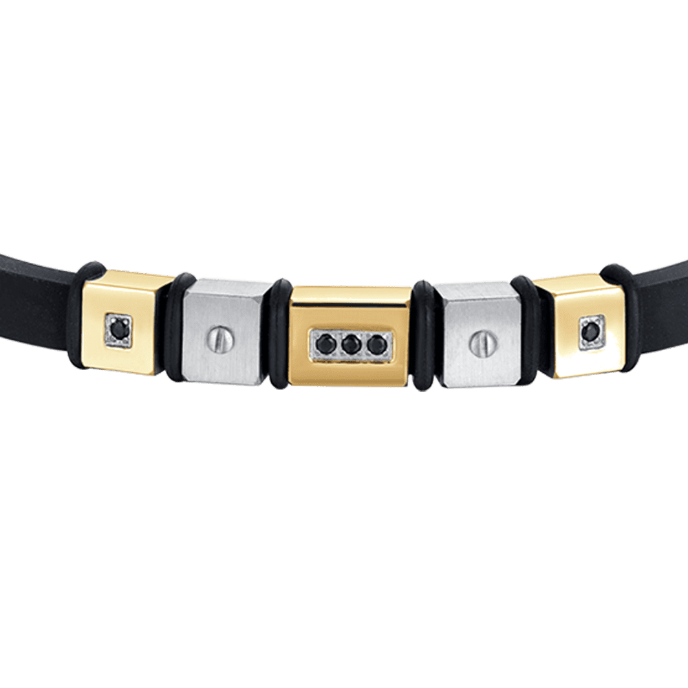 PULSERA DE HOMBRE DE SILICONA NEGRA CON ELEMENTOS DE ACERO IP DORADO