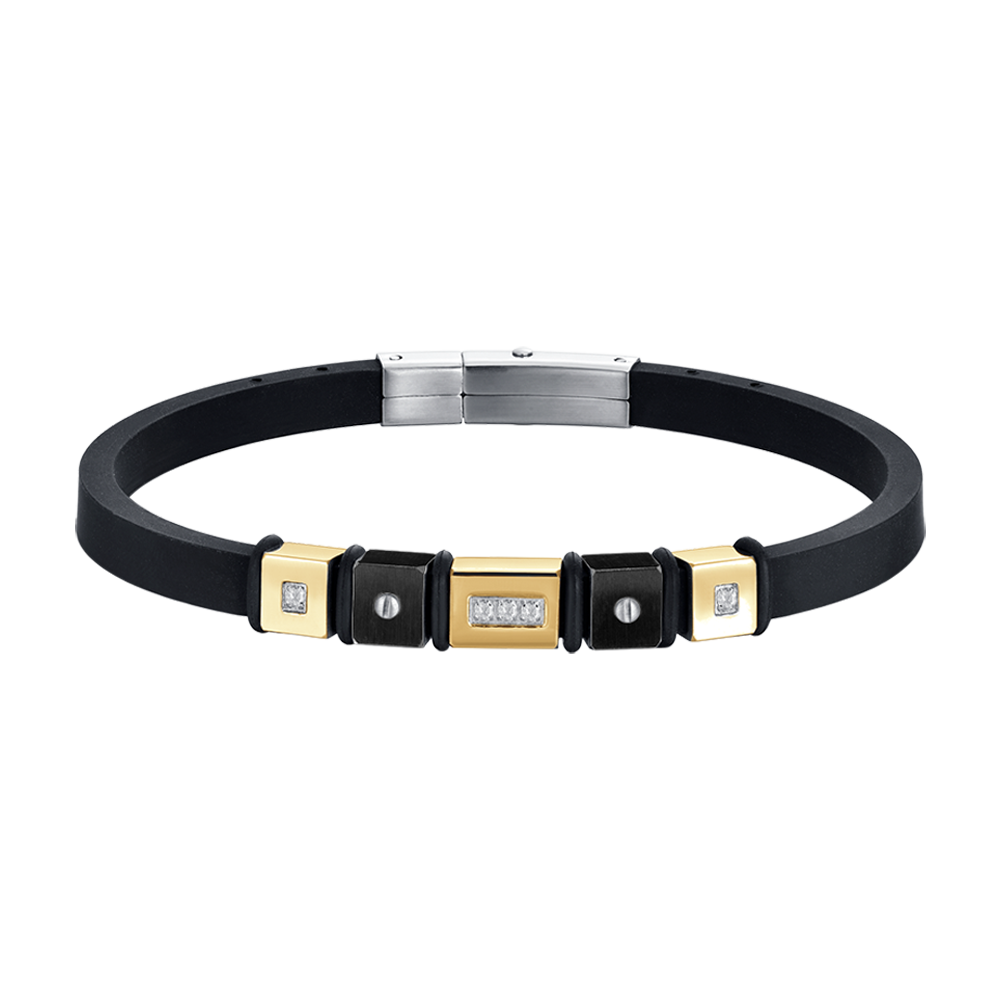 PULSERA DE HOMBRE DE SILICONA NEGRA CON ELEMENTOS IP ORO Y IP ACERO NEGRO