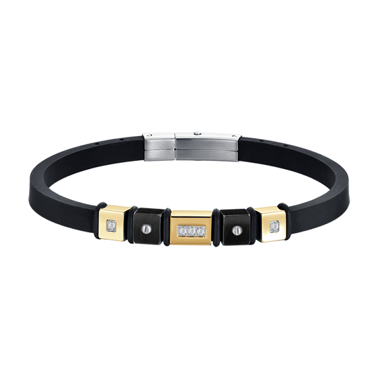 PULSERA DE HOMBRE DE SILICONA NEGRA CON ELEMENTOS IP ORO Y IP ACERO NEGRO
