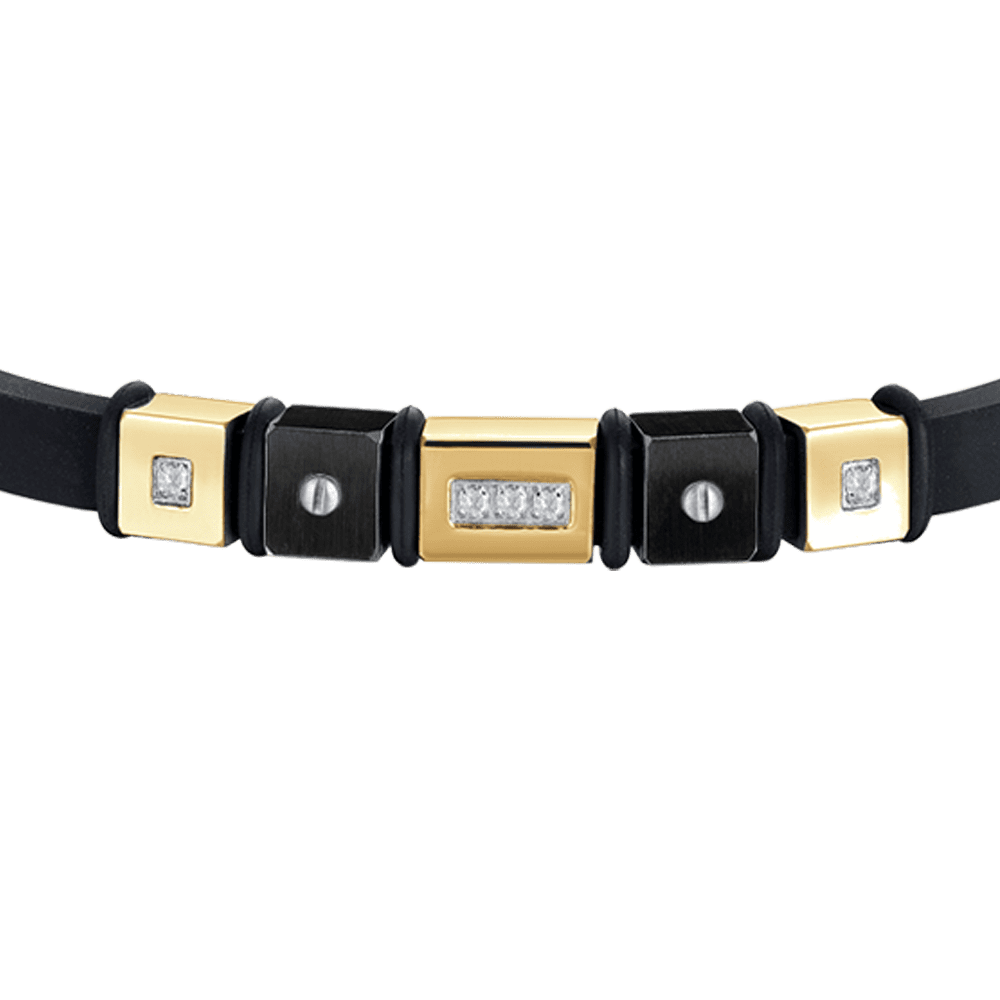 PULSERA DE HOMBRE DE SILICONA NEGRA CON ELEMENTOS IP ORO Y IP ACERO NEGRO