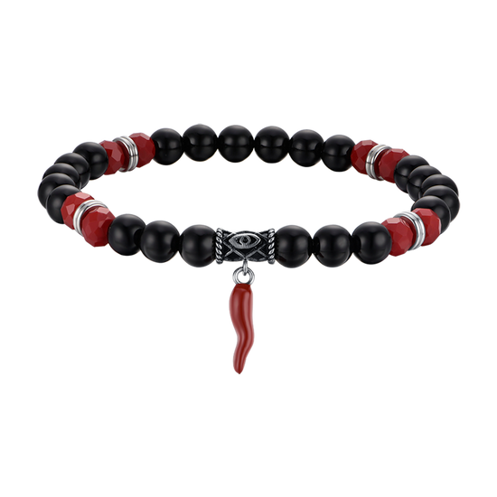 PULSERA ELÁSTICA DE HOMBRE CON PIEDRAS NEGRAS Y ROJAS Y CUERNO ROJO