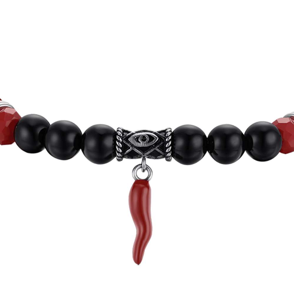 PULSERA ELÁSTICA DE HOMBRE CON PIEDRAS NEGRAS Y ROJAS Y CUERNO ROJO